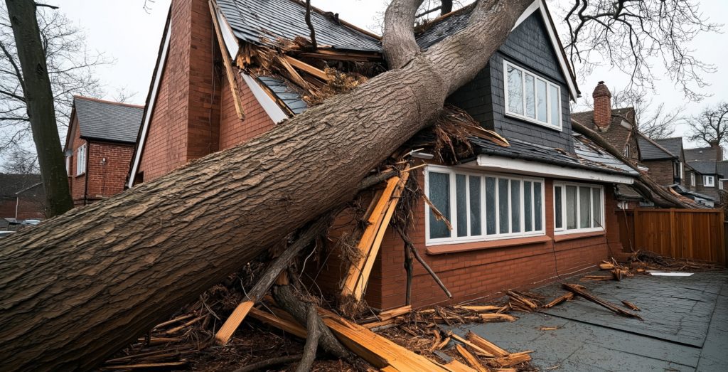 Une tempête de vent en Estrie a provoqué la chute d'un arbre sur une maison, endommageant de façon importante la toiture. Bélisle Construction a tout remis en état.